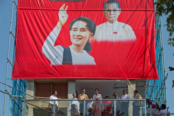 Aung San Suu Kyi, leader of Myanmar's National League for Democracy, at party headquarters, Yangon, Myanmar, Nov. 9, 2015 (AP photo by Mark Baker).