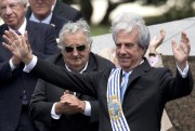 Uruguayan President Tabare Vazquez at his inauguration, as outgoing President Jose Mujica looks on, Montevideo, Uruguay, March 1, 2015 (AP photo by Natacha Pisarenko).