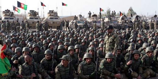 Afghan soldiers during a ceremony to mark the security transition from U.S. and NATO forces to Afghanistan's, Helmand province, Afghanistan, Jan. 12, 2015 (AP photo by Abdul Khaliq).