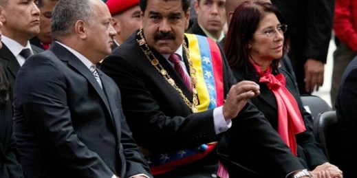Venezuelan President Nicolas Maduro with the National Assembly’s president, Disodado Cabello, at a ceremony for the anniversary of the death of Simon Bolivar, Caracas, Venezuela, Dec. 17, 2015 (AP photo by Fernando Llano).
