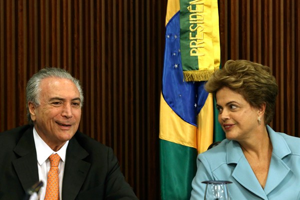 Brazilian President Dilma Rousseff and Vice President Michel Temer during a Cabinet meeting, Brasilia, Oct. 8, 2015 (AP photo by Eraldo Peres).