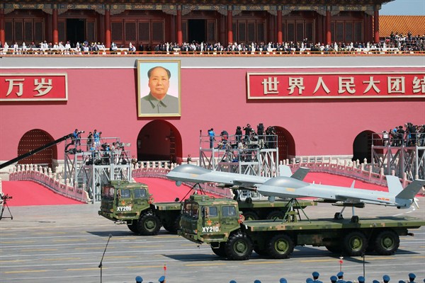 Military vehicles carrying Wing Loong drones during a military parade, Beijing, China, Sept. 3, 2015 (Imaginechina via AP Images).