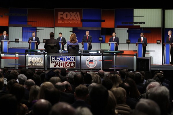 Republican presidential candidates during the Fox Business Network Republican presidential debate, North Charleston, S.C., Jan. 14, 2016, (AP photo by Chuck Burton).