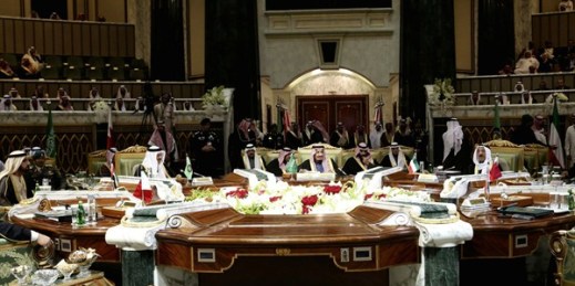 King Salman of Saudi Arabia opens the 36th session of the Gulf Cooperation Council Summit, Riyadh, Saudi Arabia, Dec. 9, 2015 (AP photo by Khalid Mohammed).