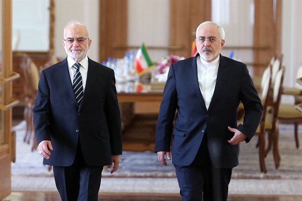 Iranian Foreign Minister Mohammad Javad Zarif and his Iraqi counterpart Ibrahim al-Jafari, Tehran, Iran, Jan. 6, 2016 (AP photo by Ebrahim Noroozi).