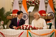 Indian Prime Minister Narendra Modi with his Japanese counterpart, Shinzo Abe, at a signing ceremony, New Delhi, India, Dec. 12, 2015 (AP photo by Manish Swarup).
