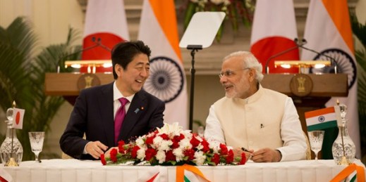 Indian Prime Minister Narendra Modi with his Japanese counterpart, Shinzo Abe, at a signing ceremony, New Delhi, India, Dec. 12, 2015 (AP photo by Manish Swarup).
