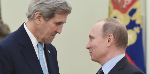 U.S. Secretary of State John Kerry and Russian President Vladimir Putin during a meeting at the Kremlin, Moscow, Dec. 15, 2015 (AP photo by Mandel Ngan).