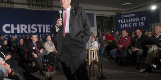 Republican presidential candidate and New Jersey Gov. Chris Christie during a campaign stop, Concord, N.H., Jan. 20, 2016 (AP photo by John Minchillo).