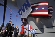 Susan Ford Bales, daughter of former President Gerald R. Ford, christens the Navy's newest nuclear powered aircraft carrier, USS Gerald R. Ford, Newport News, Va., Nov. 9, 2013 (AP photo by Steve Helber).