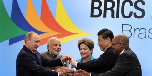 The leaders of the five BRICS countries at the 6th BRICS Summit, Fortaleza, Brazil, July 15, 2014 (South Africa GCIS photo, CC BY-ND 2.0).