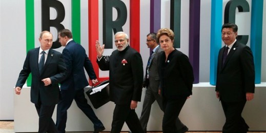 Russian President Vladimir Putin, Indian Prime Minister Narendra Modi, Brazilian President Dilma Rousseff and Chinese President Xi Jinping during the BRICS summit, Ufa, Russia, July 9, 2015 (AP photo by Ivan Sekretarev).