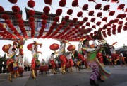 Chinese performers participate in a cultural dance at Ditan Park to mark the first day of the Lunar New Year, Beijing, Feb. 8, 2016 (AP photo by Andy Wong).