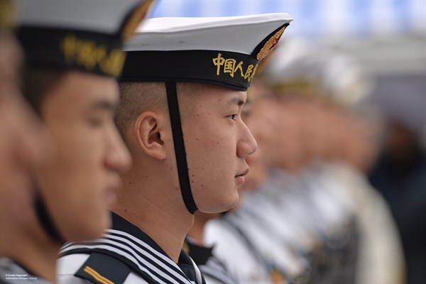 Chinese sailors of the Changbai Shan, a Yuzhao-class amphibious transport dock, Portsmouth, U.K., Jan. 12, 2015 (U.K. Ministry of Defence photo).