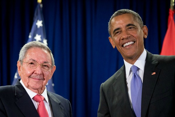President Barack Obama and Cuban President Raul Castro before a bilateral meeting, United Nations headquarters, New York, Sept. 29, 2015 (AP photo by Andrew Harnik).