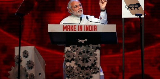 Indian Prime Minister Narendra Modi during the inaugural ceremony of 'Make in India' week, Mumbai, India, Feb. 13, 2016 (AP photo by Rajanish Kakade).