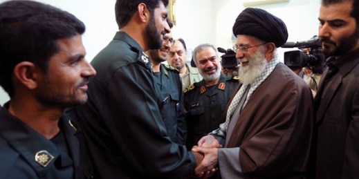 Iranian Supreme Leader Ayatollah Ali Khamenei with Revolutionary Guard officers who were involved in the detention of U.S. Navy sailors in Iranian waters, Tehran, Jan. 24, 2016 (Office of the Iranian Supreme Leader photo via AP).