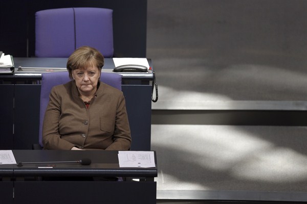 German Chancellor Angela Merkel attends a meeting of the German Bundestag, Berlin, Germany, Feb. 25, 2016 (AP photo by Michael Sohn).