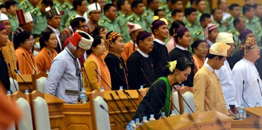 Pro-democracy leader Aung San Suu Kyi during the inaugural session of parliament, Naypyidaw, Myanmar, Feb. 8, 2016 (AP photo by Aung Shine Oo).