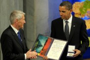 U.S. President Barack Obama after receiving the Nobel Peace Prize from Nobel Committee Chairman Thorbjorn Jagland, Oslo, Norway, Dec. 10, 2009 (AP photo by Susan Walsh).