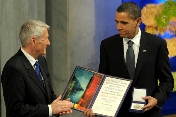 U.S. President Barack Obama after receiving the Nobel Peace Prize from Nobel Committee Chairman Thorbjorn Jagland, Oslo, Norway, Dec. 10, 2009 (AP photo by Susan Walsh).