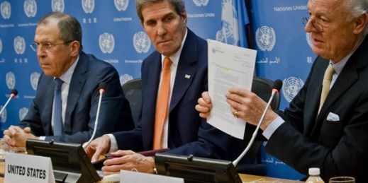 U.N. Special Envoy for Syria Staffan de Mistura with Russian Foreign Minister Sergey Lavrov and U.S. Secretary of State John Kerry, New York, Dec. 18, 2015 (AP photo by Bebeto Matthews).