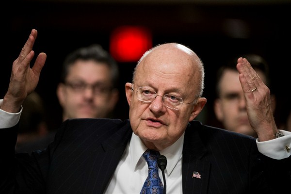 Director of National Intelligence James Clapper during a Senate Armed Services Committee hearing on global threats, Washington, Feb. 9, 2016 (AP photo by Bill Clark).