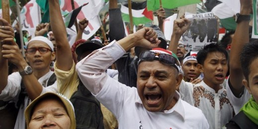 Indonesian protesters during a rally against Israeli attacks on Gaza, Jakarta, Indonesia, July 13, 2014 (AP photo by Achmad Ibrahim).