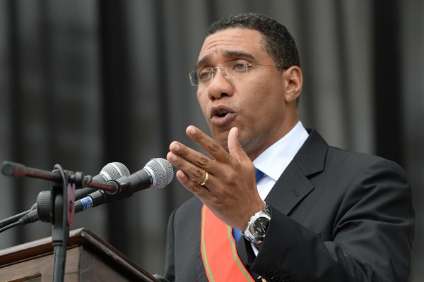 Andrew Holness, Jamaica's new prime minister, after being sworn in, Kingston, Jamaica, March 3, 2016 (AP photo by Collin Reid).