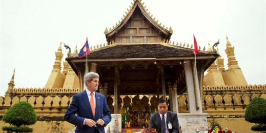 U.S. Secretary of State John Kerry during a tour of Pha Tha Luang, Vientiane, Laos, Jan. 25, 2016 (AP photo by Jacquelyn Martin).