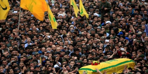 A funeral procession for a senior Hezbollah senior commander who was killed in Syria, in the southern Lebanese village of Ansar, March 2, 2016 (AP photo by Mohammed Zaatari).