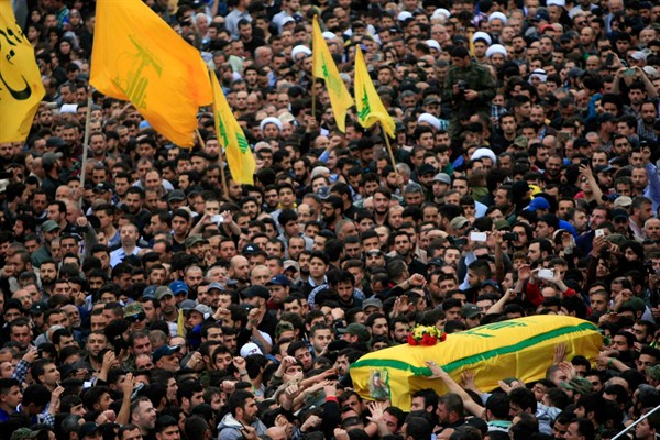 A funeral procession for a senior Hezbollah senior commander who was killed in Syria, in the southern Lebanese village of Ansar, March 2, 2016 (AP photo by Mohammed Zaatari).