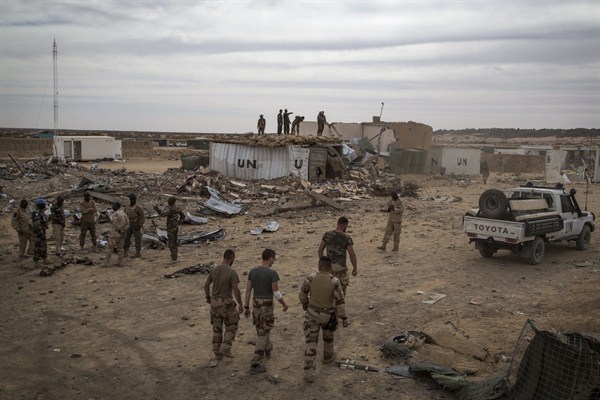 Peacekeepers clear the area in the aftermath of a terror attack that killed six peacekeepers, Kidal, Mali, Feb. 12, 2016 (U.N. photo by Marco Dormino).