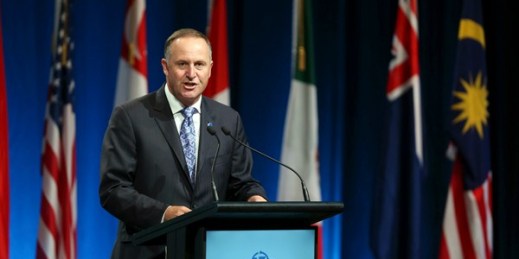 New Zealand’s prime minister, John Key, at the signing of the Trans-Pacific Partnership Agreement, Auckland, New Zealand, Feb. 4, 2016 (David Rowland/SNPA via AP).