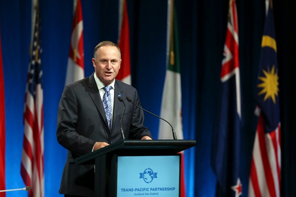 New Zealand’s prime minister, John Key, at the signing of the Trans-Pacific Partnership Agreement, Auckland, New Zealand, Feb. 4, 2016 (David Rowland/SNPA via AP).