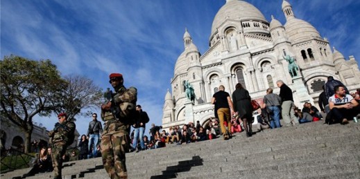 Soldiers patrol in front of the Sacre Coeur basilica, Paris, Dec. 23, 2015 (AP photo by Christophe Ena).