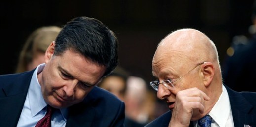 FBI Director James Comey and Director of the National Intelligence James Clapper at the Senate Intelligence Committee's hearing on worldwide threats, Washington, Feb. 9, 2016 (AP photo by Alex Brandon).