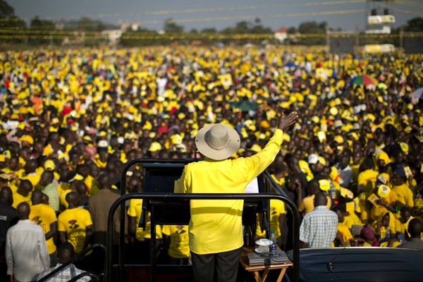 Uganda’s longtime president, Yoweri Museveni, in his well-known hat at a rally of supporters, Kampala, Uganda, Feb. 16, 2016 (AP photo by Ben Curtis).