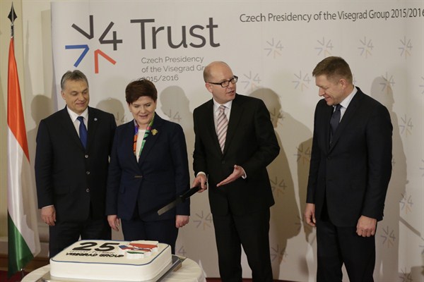 Prime Ministers from the Czech Republic, Poland, Hungary and Slovakia celebrate the 25th anniversary of the establishment of the Visegrad group, Prague, Czech Republic, Feb. 15, 2016 (AP photo by Petr David Josek).