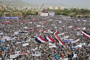 Supporters of Yemen's former president, Ali Abdullah Saleh, and allies of the Houthis at a rally against the Saudi-led intervention, Sanaa, Yemen, March 26, 2016 (AP photo by Hani Mohammed).