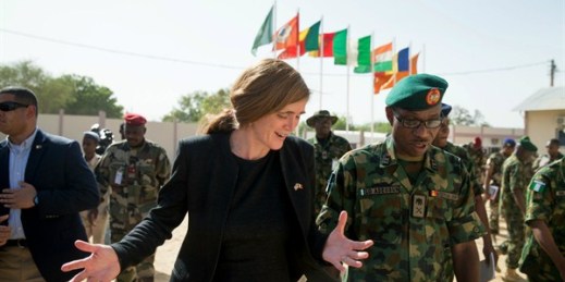 U.S. Ambassador to the U.N. Samantha Power with Multinational Joint Task Force Commander Maj. Gen. Lamidi Adeosun at its headquarters, N'Djamena, Chad, April 20, 2016 (AP photo by Andrew Harnik).