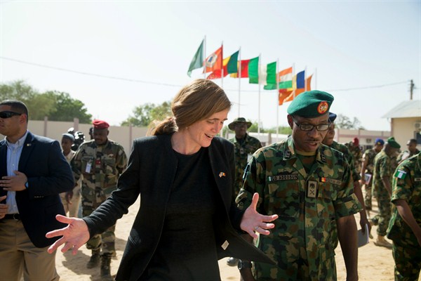 U.S. Ambassador to the U.N. Samantha Power with Multinational Joint Task Force Commander Maj. Gen. Lamidi Adeosun at its headquarters, N'Djamena, Chad, April 20, 2016 (AP photo by Andrew Harnik).