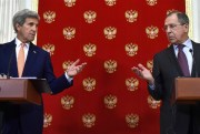 U.S. Secretary of State John Kerry and Russian Foreign Minister Sergey Lavrov following talks on a cease-fire in Syria, Moscow, Russia, March 24, 2016 (AP photo by Alexander Nemenov).