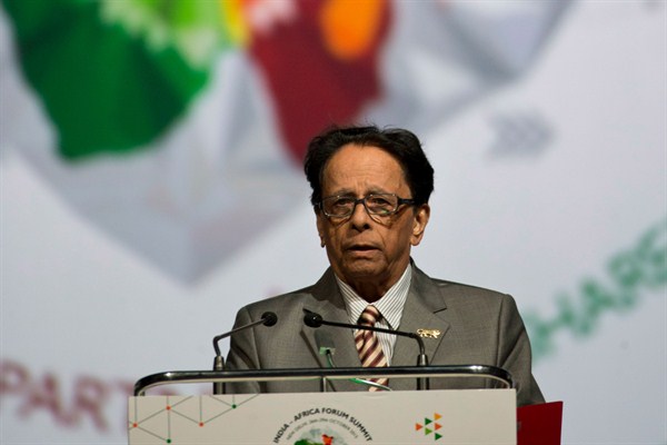 Mauritius’ prime minister, Anerood Jugnauth, addresses a session during the India Africa Forum Summit, New Delhi, India, Oct. 29, 2015 (AP photo by Saurabh Das).