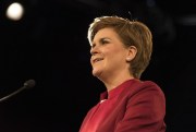 Scottish First Minister Nicola Sturgeon launches the SNP's Manifesto at the Edinburgh International Conference Centre, Edinburgh, Scotland, April 20, 2016 (Rex Features via AP Images).