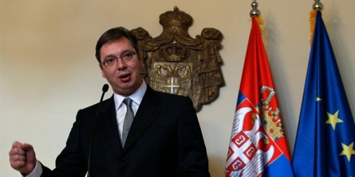 Serbian Prime Minister Aleksandar Vucic at a press conference, Belgrade, Jan. 14, 2016 (AP photo by Darko Vojinovic).