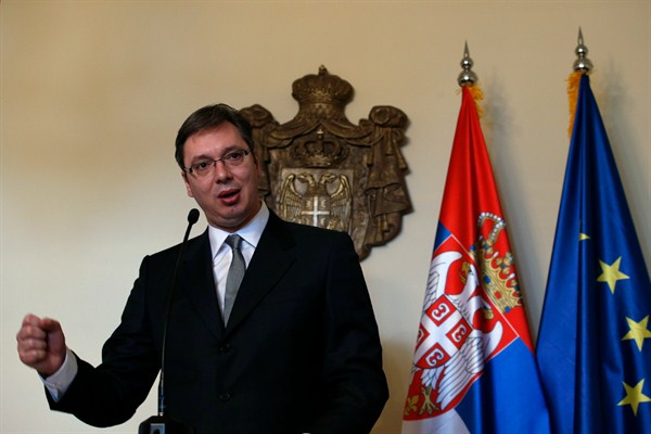 Serbian Prime Minister Aleksandar Vucic at a press conference, Belgrade, Jan. 14, 2016 (AP photo by Darko Vojinovic).