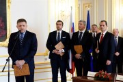 Prime Minister Robert Fico and the chairmen of four Slovak political parties after signing the coalition agreement, Bratislava, Slovakia, March 22, 2016 (Czech News Agency Photo by Martin Mikula via AP).