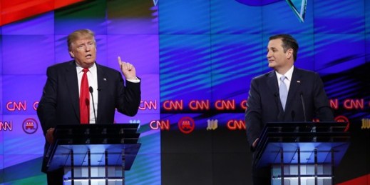 Republican presidential candidates Donald Trump and Ted Cruz during the Republican presidential debate at the University of Miami, Coral Gables, Fla., March 10, 2016 (AP photo by Wilfredo Lee).