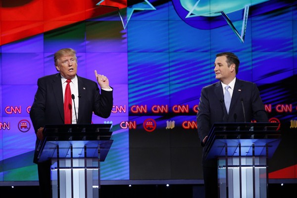 Republican presidential candidates Donald Trump and Ted Cruz during the Republican presidential debate at the University of Miami, Coral Gables, Fla., March 10, 2016 (AP photo by Wilfredo Lee).